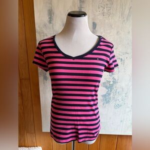 Tommy Hilfiger Pink & Black Striped V-Neck Tee Sz. Med. 100% cotton. Soft!